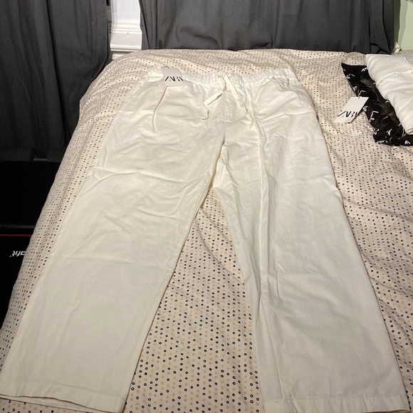 Zara Men’s Drawstring Waste Pants Cotton Linen Blend White - Picture 1 of 3
